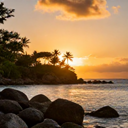Caribbean Holidays, Saint Barth&eacute;lemy Nature, A relaxed Saint Barth&eacute;lemy nature scene at sunset, with coastal rocks, calm sea, tropical vegetation and warm golden light