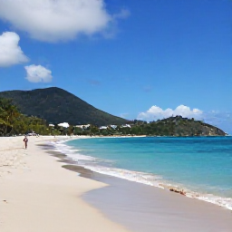 Caribbean Holidays, Saint Barthelemy Nature, A sunny February morning on a quiet Saint Barthelemy beach, with turquoise sea, pale sand, green hills and a few palm trees