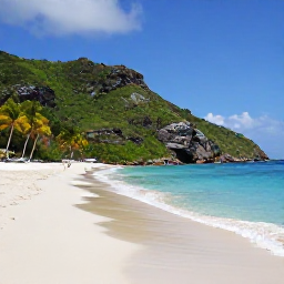 Caribbean Holidays, Saint Barth&eacute;lemy Nature, An uncrowded tropical beach on Saint Barth&eacute;lemy with calm turquoise water, pale sand, palms and rocky green hills