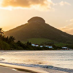 Caribbean Holidays, Saint Barthelemy Nature, Green hillside and peaceful beach on Saint Barthelemy at sunset in November, natural Caribbean landscape with gentle golden light