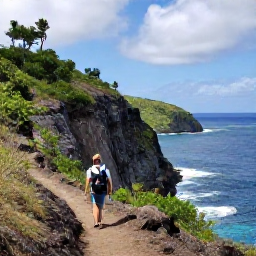 Caribbean Holidays, Saint Barthelemy Nature, Hiker walking along a coastal trail above Anse du Colombier on Saint Barthelemy, rocky cliffs, ocean views and tropical vegetation