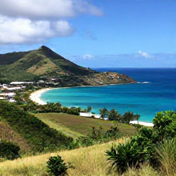 Caribbean Holidays, Saint Barthelemy Nature, Panoramic view from a Saint Barthelemy hillside over turquoise bays and green coastal slopes