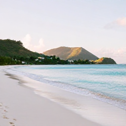 Caribbean Holidays, Saint Barthelemy Nature, Quiet tropical beach on Saint Barthelemy in November, clear turquoise water, green hills and soft morning light