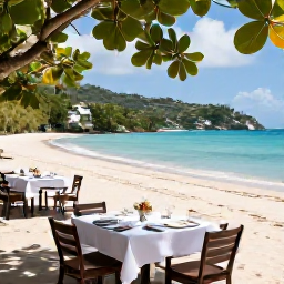 Caribbean Holidays, Saint Barthelemy Nature, Relaxed outdoor lunch beside a peaceful Saint Barthelemy beach surrounded by tropical vegetation