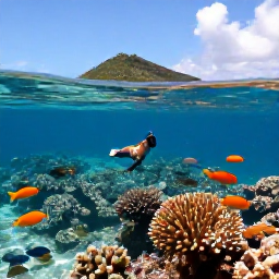 Caribbean Holidays, Saint Barthelemy Nature, Snorkeller above a coral reef near Saint Barthelemy, colourful tropical fish, clear shallow water and sunny Caribbean sea