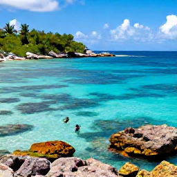 Caribbean Holidays, Saint Barth&eacute;lemy Nature, Snorkellers exploring clear shallow water beside a colourful reef and rocky coastline in Saint Barth&eacute;lemy