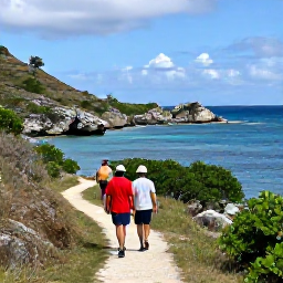 Caribbean Holidays, Saint Barthelemy Nature, Visitors walking along a natural coastal trail on Saint Barthelemy, looking across rocky headlands and blue Caribbean water
