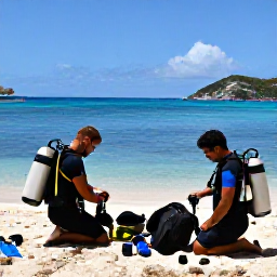 Caribbean Holidays, Saint Barthelemy Scuba Diving, A friendly scuba diving group preparing equipment beside a sunny harbour in Saint Barthelemy