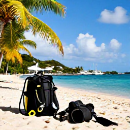 Caribbean Holidays, Saint Barthelemy Scuba Diving, Relaxed Saint Barthelemy harbour scene with dive equipment, palm trees and bright Caribbean light