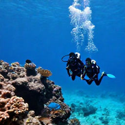 Caribbean Holidays, Saint Barthelemy Scuba Diving, Scuba divers descending beside a rocky reef with tropical fish in the clear waters of Saint Barthelemy