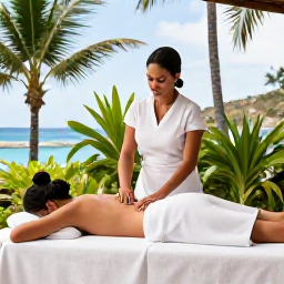 Caribbean Holidays, Saint Barth&eacute;lemy Spa Breaks, Couple receiving a relaxing spa treatment in a bright Saint Barth&eacute;lemy wellness suite, with tropical greenery and a glimpse of the sea