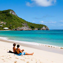 Caribbean Holidays, Saint Barthelemy Spa Breaks, Couple relaxing on a quiet sandy beach with turquoise water and green hills on Saint Barthelemy