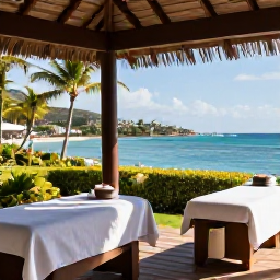 Caribbean Holidays, Saint Barth&eacute;lemy Spa Breaks, Elegant Caribbean spa overlooking a calm turquoise bay on Saint Barth&eacute;lemy, with treatment rooms, palm trees and natural island light