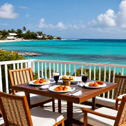 Caribbean Holidays, Saint Barthelemy Spa Breaks, Outdoor hotel terrace prepared for a healthy breakfast overlooking the Caribbean Sea in Saint Barthelemy