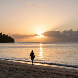 Caribbean Holidays, Saint Barth&eacute;lemy Spa Breaks, Quiet sandy beach at sunset on Saint Barth&eacute;lemy, with a person walking beside calm water after a spa day