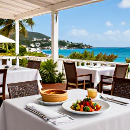 Caribbean Holidays, Saint Barth&eacute;lemy Spa Breaks, Stylish Saint Barth&eacute;lemy restaurant terrace serving fresh seafood and colourful healthy dishes, with tropical scenery beyond