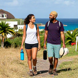 Caribbean Holidays, Saint Barth&eacute;lemy Walking, A friendly couple preparing for a hike on Saint Barth&eacute;lemy, with walking boots, water bottles, sun hats and a tropical coastal backdrop