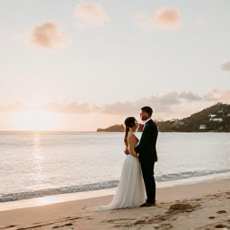 Caribbean Holidays, Saint Barthelemy Weddings, Bride and groom standing beside a quiet Caribbean beach at sunset on Saint Barthelemy