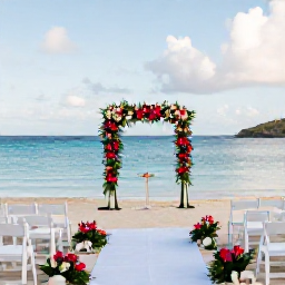 Caribbean Holidays, Saint Barthelemy Weddings, Elegant beachfront wedding ceremony with white chairs, tropical flowers and a calm blue sea on Saint Barthelemy