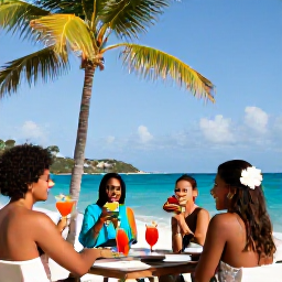 Caribbean Holidays, Saint Barthelemy Weddings, Happy wedding guests relaxing on a sunny beach with colourful drinks and palm trees on Saint Barthelemy