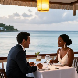 Caribbean Holidays, Saint Barthelemy Weddings, Newlyweds enjoying a romantic dinner at a stylish seaside restaurant in Saint Barthelemy