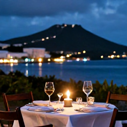Caribbean Holidays, Saint Barthelemy Wine, Romantic evening in Gustavia, Saint Barth&eacute;lemy, with a candlelit table, wine and harbour lights