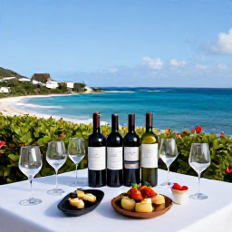 Caribbean Holidays, Saint Barthelemy Wine, Wine tasting table with French wine bottles, tasting glasses and small gourmet dishes overlooking a Caribbean bay