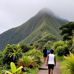 Caribbean Holidays, Saint Kitts Adventures, A guided hike through lush green rainforest on Mount Liamuiga in Saint Kitts, with misty mountain slopes and tropical plants