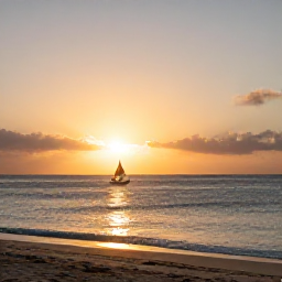 Caribbean Holidays, Saint Kitts Adventures, A peaceful sunset scene at a sandy beach on Nevis, with a small sailing boat offshore and golden light over the Caribbean Sea