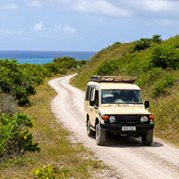 Caribbean Holidays, Saint Kitts Adventures, A rugged four-wheel-drive safari vehicle travelling along a scenic track through the green hills of Saint Kitts, with distant sea views