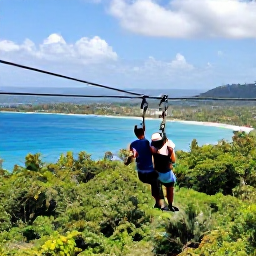 Caribbean Holidays, Saint Kitts Adventures, A scenic coastal zipline adventure in Saint Kitts, with visitors flying above green forest and looking towards the Caribbean Sea