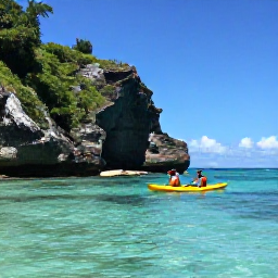 Caribbean Holidays, Saint Kitts Adventures, A sea kayak and snorkellers in clear turquoise water beside the dramatic coastline of Saint Kitts
