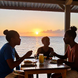Caribbean Holidays, Saint Kitts Backpacking, Backpacker enjoying a local meal and friendly conversation at a simple Caribbean restaurant in Saint Kitts at sunset