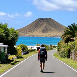 Caribbean Holidays, Saint Kitts Backpacking, Backpacker walking along a quiet coastal road on Saint Kitts with volcanic hills and bright Caribbean sea in the background