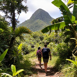 Caribbean Holidays, Saint Kitts Backpacking, Hikers on a lush mountain trail in the central rainforest of Saint Kitts, with Mount Liamuiga vegetation and filtered sunlight