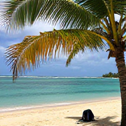 Caribbean Holidays, Saint Kitts Backpacking, Quiet golden beach on Saint Kitts with turquoise water, shady palms and a backpack resting near the shoreline
