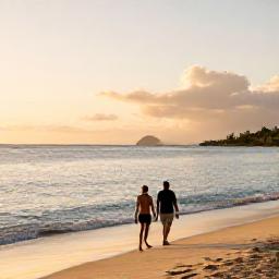 Caribbean Holidays, Saint Kitts Beaches, A couple walking along a quiet Saint Kitts beach at sunset, with soft golden light, calm sea and Nevis visible across the water