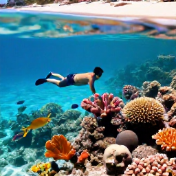 Caribbean Holidays, Saint Kitts Beaches, A snorkeller exploring a colourful coral reef in clear Caribbean water near Saint Kitts, with tropical fish and a sandy beach visible above