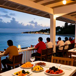 Caribbean Holidays, Saint Kitts Beaches, A welcoming beachfront restaurant on Saint Kitts serving fresh Caribbean food, with diners enjoying an evening view over the sea