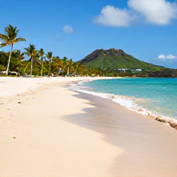 Caribbean Holidays, Saint Kitts Beaches, A wide, peaceful Caribbean beach on Saint Kitts with golden sand, clear turquoise water, palm trees and green volcanic hills in the distance