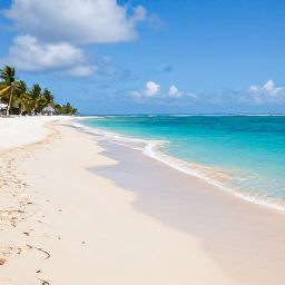 Caribbean Holidays, Saint Kitts Beaches, A wide sandy beach on Saint Kitts with clear turquoise water, palm trees and Nevis visible across the channel