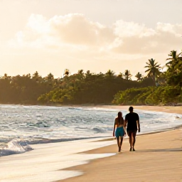 Caribbean Holidays, Saint Kitts Beaches, Couple walking along a Saint Kitts beach in warm morning light, with gentle waves and tropical greenery