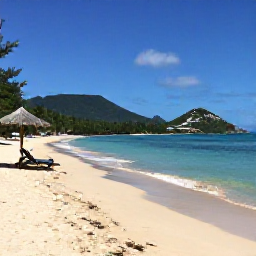 Caribbean Holidays, Saint Kitts Beaches, Quiet South Friars Bay with soft sand, calm blue sea, green hills and a few shaded sun loungers