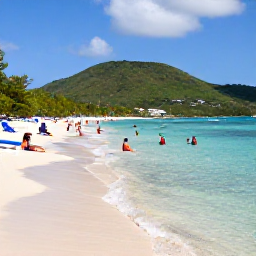 Caribbean Holidays, Saint Kitts Beaches, Visitors swimming and relaxing in clear shallow water at a calm Saint Kitts beach, with sun loungers, green hills and small boats offshore