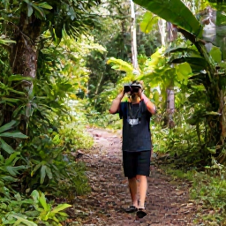 Caribbean Holidays, Saint Kitts Birdwatching, Birdwatcher using binoculars on a shaded rainforest trail on Saint Kitts