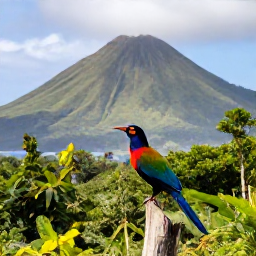 Caribbean Holidays, Saint Kitts Birdwatching, Colourful tropical birds in lush rainforest on Saint Kitts, with volcanic hills in the background