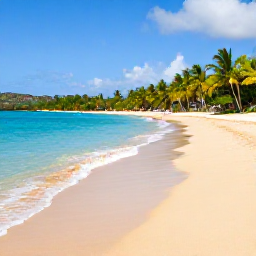 Caribbean Holidays, Saint Kitts Breaks, Quiet golden beach on Saint Kitts with clear turquoise water, palm trees and distant hills