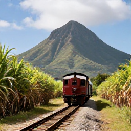 Caribbean Holidays, Saint Kitts Breaks, Scenic railway journey passing sugar cane fields with Mount Liamuiga in the background