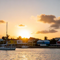 Caribbean Holidays, Saint Kitts Breaks, Sunset over Basseterre harbour with colourful buildings and Caribbean boats in the foreground