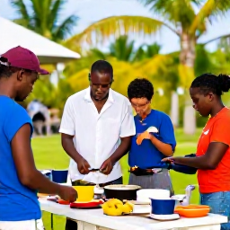 Caribbean Holidays, Saint Kitts Cooking, A couple enjoying a relaxed Caribbean cooking holiday in Saint Kitts, dining outdoors near a tropical garden after a cooking class